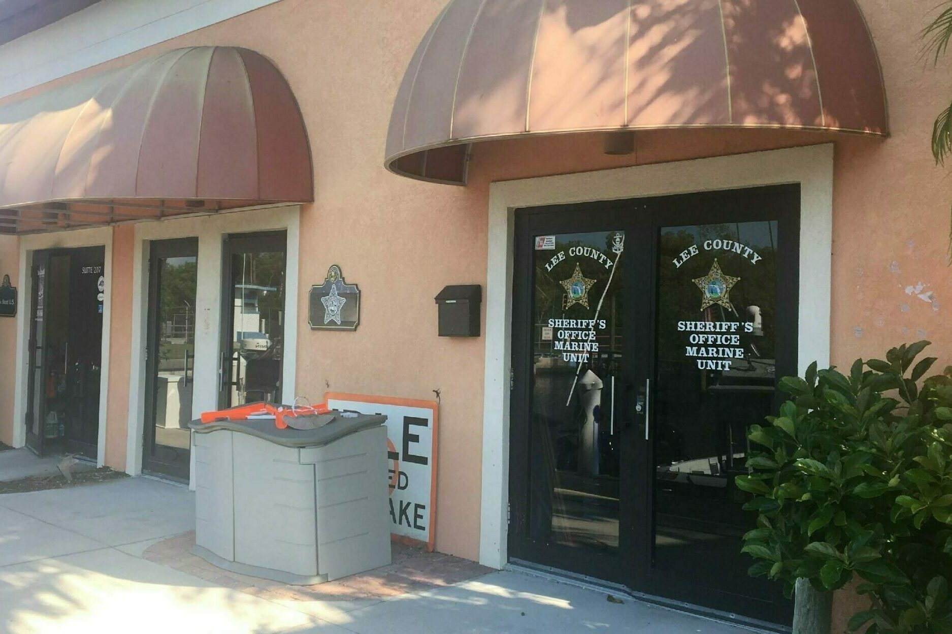 a building with a large black door