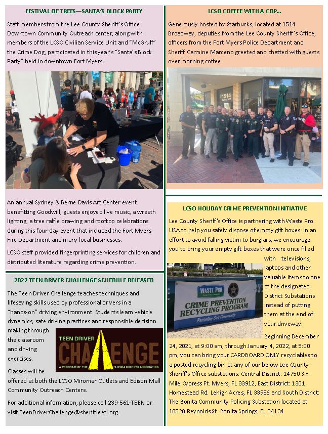 LCSO COMMUNITY OUTREACH CENTERS NEWSLETTER: JANUARY, 2022 – Lee County  Sheriff's Office