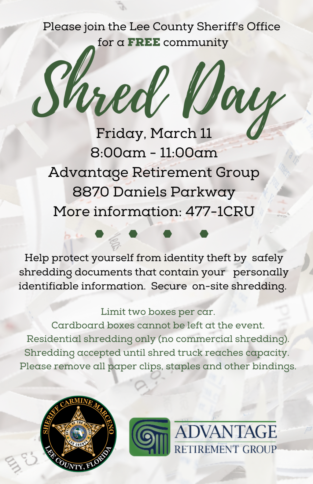 JOIN THE LEE COUNTY SHERIFF’S OFFICE FOR “SHRED DAY.” Lee County